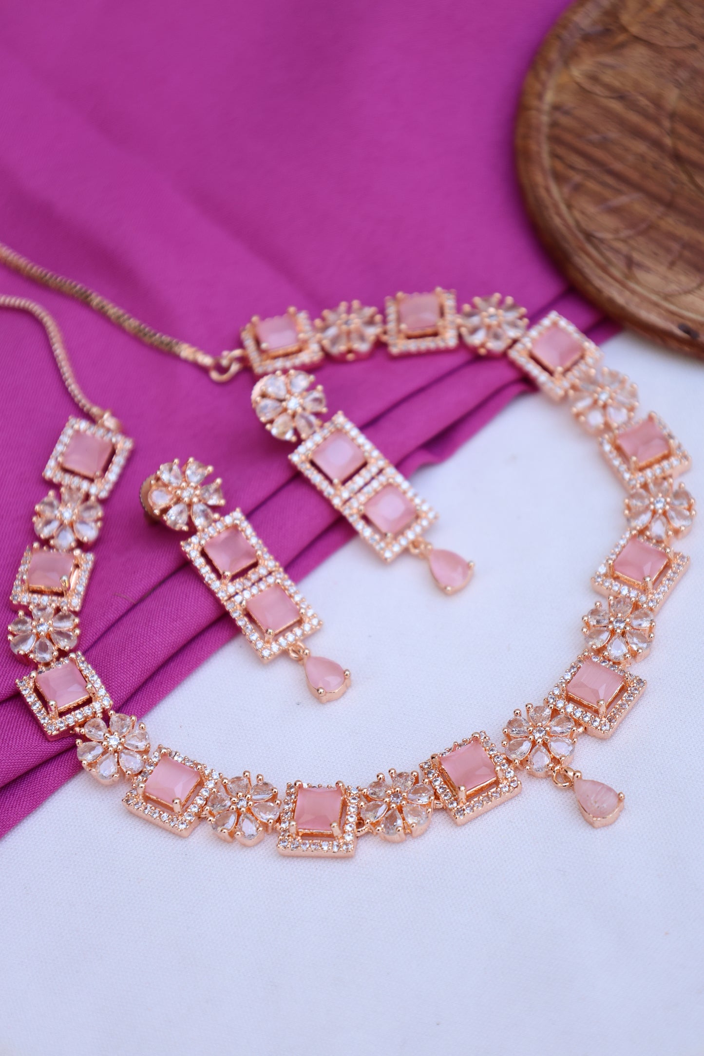 Rose Gold Pink Stone Necklace Set