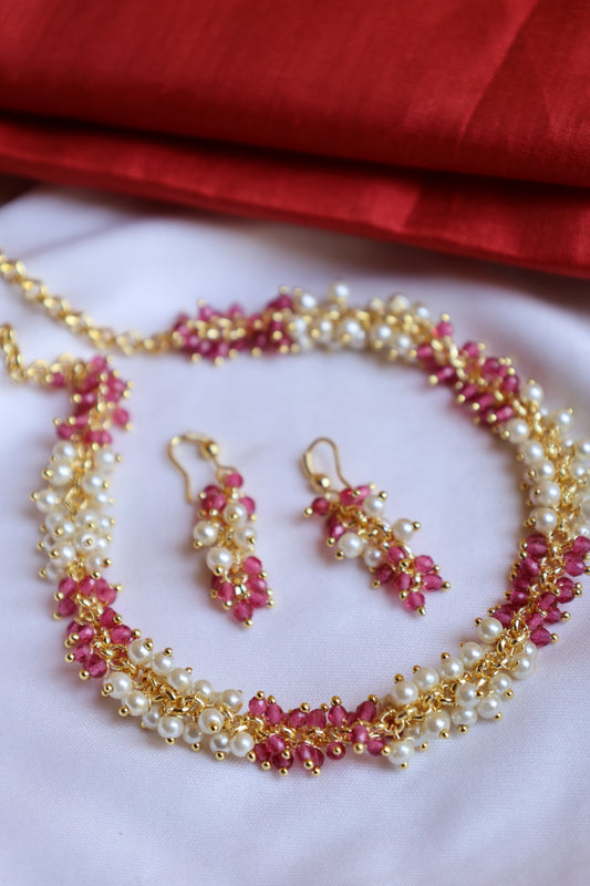 Pearl and Pink Stone Necklace Set