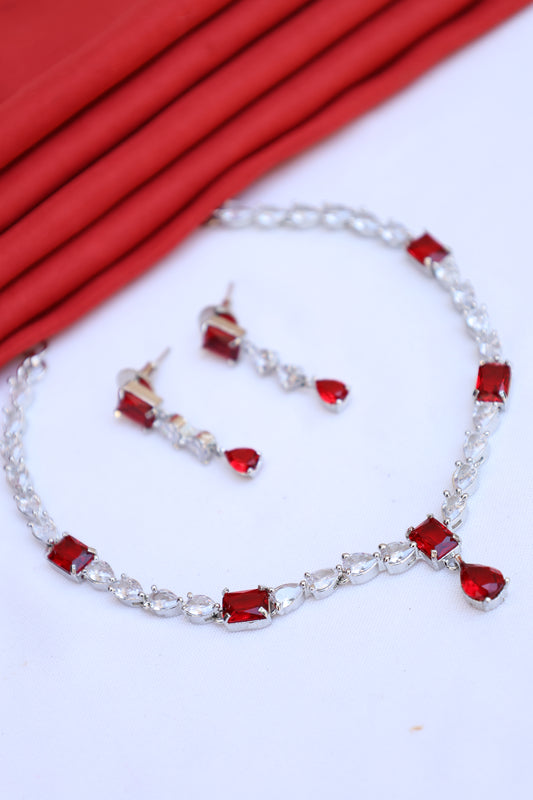 Rhodium-Plated Ruby Necklace Set