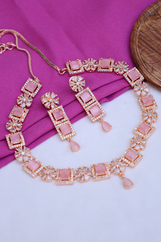 Rose Gold Pink Stone Necklace Set